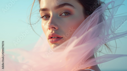beautiful woman with silk scarf on the beach