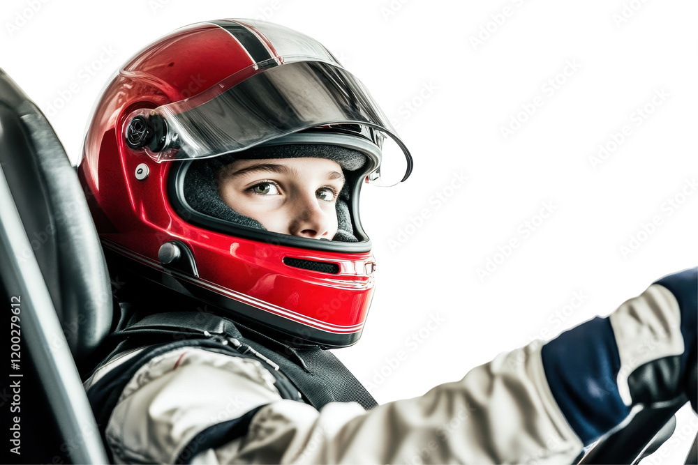 Young racer in a red helmet prepares for competition with focus and determination in a racing car on a transparent background Young racer in a red helmet prepares for competition with focus and determination in a racing car on a transparent background