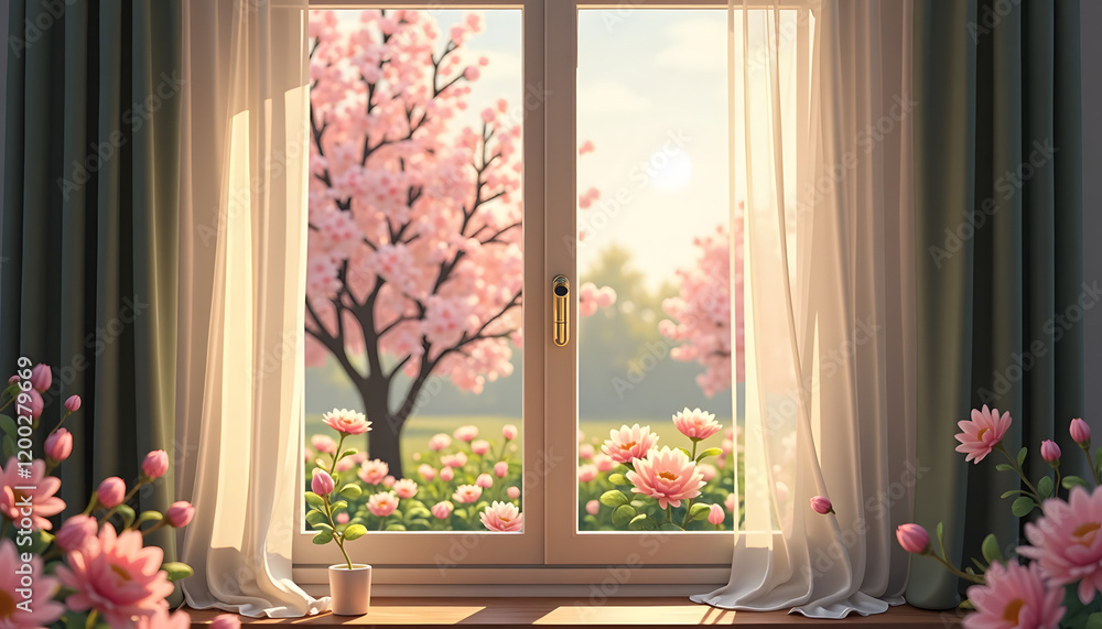 Cozy Room with Blooming Tree Outside in Spring Cozy Room with Blooming Tree Outside in Spring