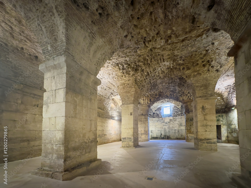 Obraz premium Split, Croatia - July 1, 2024: Historic Diocletian Cellars and palace. bowed ceilings supported by thick stone pillars