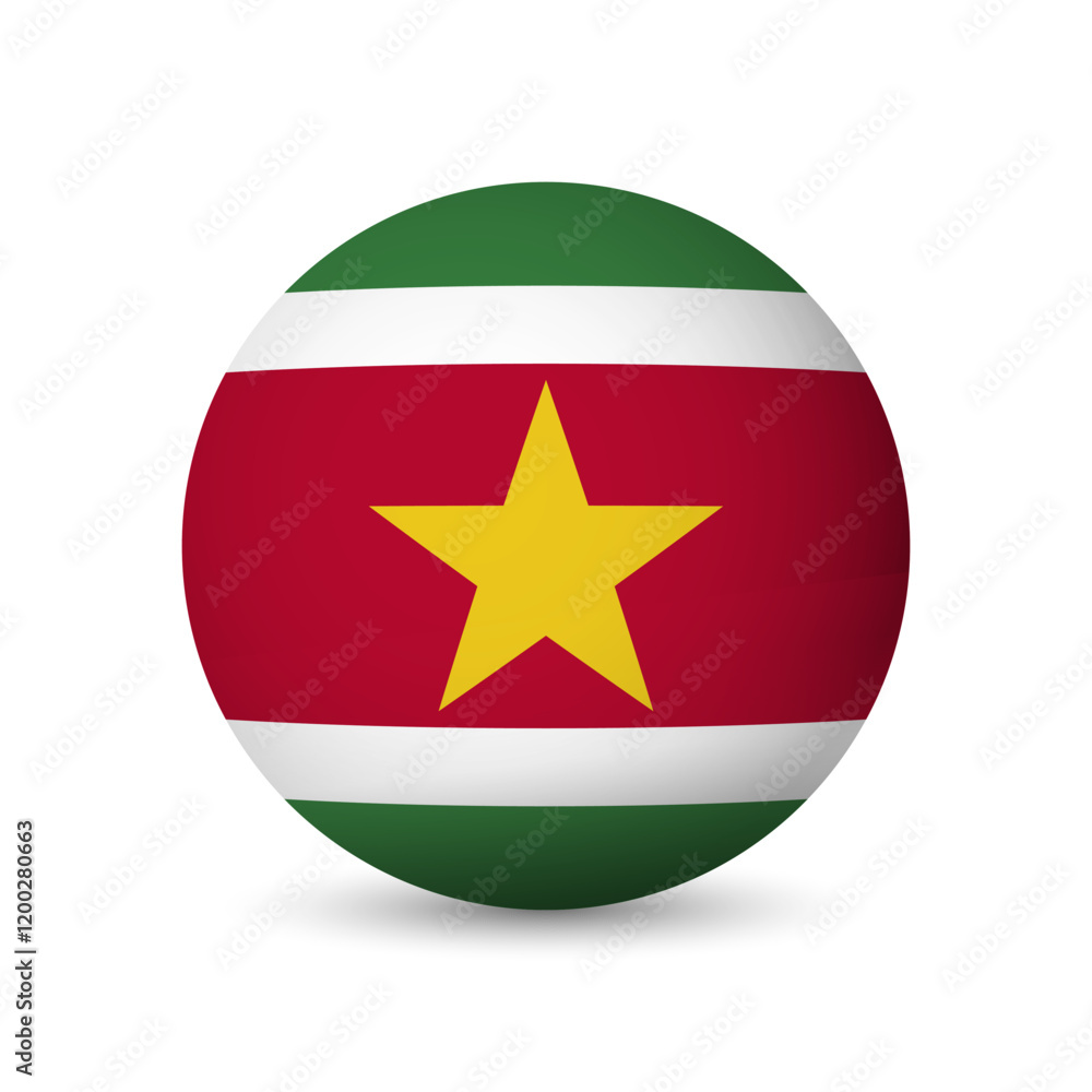 Suriname flag - 3D sphere in colours of flag representing a country cultural identity and heritage. The essence of national pride and unity. Vector object on white background. Suriname flag - 3D sphere in colours of flag representing a country cultural identity and heritage. The essence of national pride and unity. Vector object on white background.