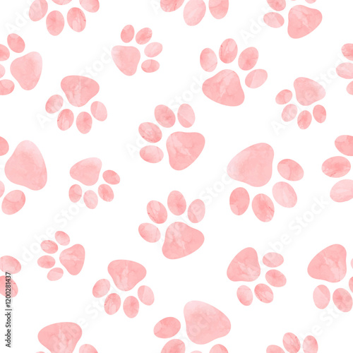 Cat paw print seamless watercolor pattern in pink color	