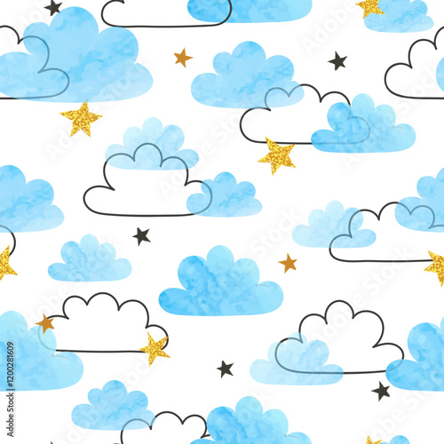 Blue watercolor clouds and stars seamless vector pattern	