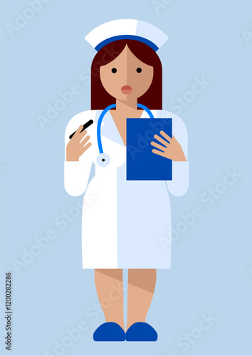 A frontal standing young cartoon nurse in funny flat style in a white medical uniform with a stethoscope and a notepad on light blue background. Vector illustration