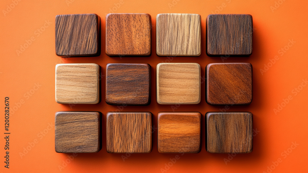 Fototapeta premium Wooden blocks arranged on an orange background