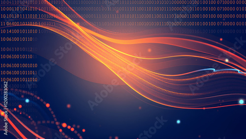 A dynamic blue and orange tech background filled with flowing binary sequences photo