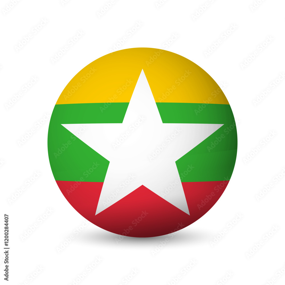 Myanmar flag - 3D sphere in colours of flag representing a country cultural identity and heritage. The essence of national pride and unity. Vector object on white background. Myanmar flag - 3D sphere in colours of flag representing a country cultural identity and heritage. The essence of national pride and unity. Vector object on white background.