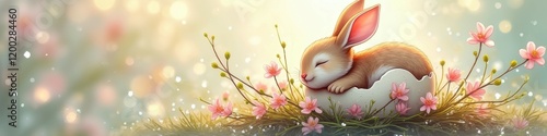 Adorable bunny sleeping in egg shell amidst spring blossoms