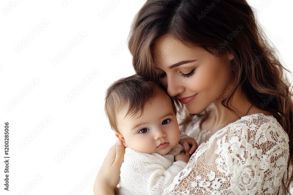 Mother gently cradles her sleeping infant in a serene and loving embrace on a soft surface against a transparent white background Mother gently cradles her sleeping infant in a serene and loving embrace on a soft surface against a transparent white background