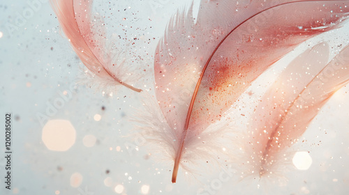 Soft pink feathers float gracefully against a glittery, light background, evoking a sense of serenity and elegance. Perfect for spa designs, invitations, or feminine branding photo