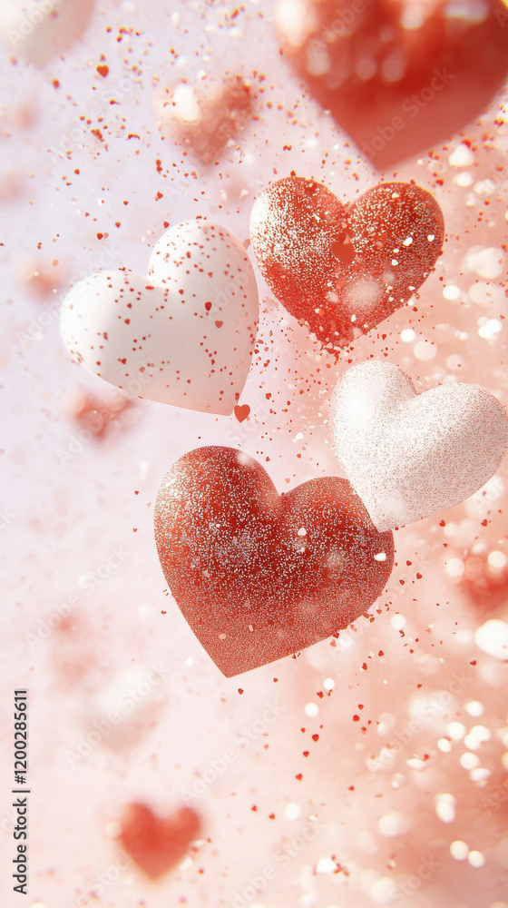 Obraz premium Vertical Valentines background. Glittering red and white hearts floating on a soft pink background, ideal for Valentine’s Day social media posts, romantic greetings