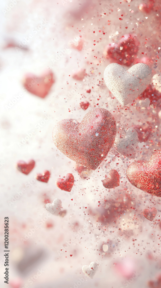 Fototapeta premium Vertical Valentines background. Floating red and white hearts with shimmering glitter on a soft, dreamy background, perfect for Valentine’s Day social media posts, romantic designs