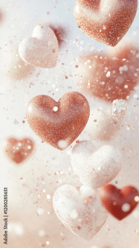 Fototapeta premium Vertical Valentines background. Soft rose gold and white hearts floating with shimmering glitter on a dreamy background, perfect for Valentine’s Day social media posts, romantic cards