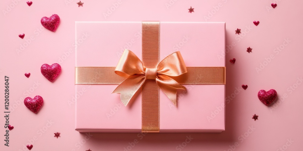 A delightful pink gift adorned with a shimmering gold bow, surrounded by a playful scatter of hearts, radiates love and joy for Valentine's Day. A delightful pink gift adorned with a shimmering gold bow, surrounded by a playful scatter of hearts, radiates love and joy for Valentine's Day.