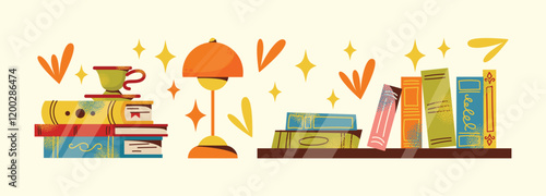 Bookshelves, books, stack of books set and reading illustration. Flat cartoon vector style. Book exchange crossing Bookstore, bookshop, library, book lover, bibliophile, education. Literature and read