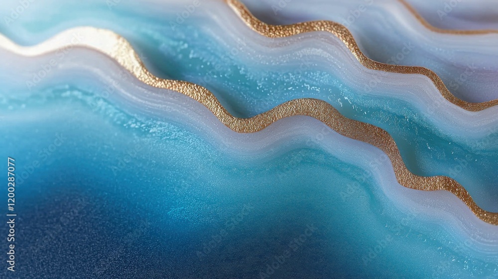 Fototapeta premium An abstract image featuring soft blue and white waves with delicate gold highlights, creating an elegant and modern artistic design.