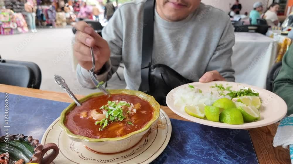 Enjoying traditional menudo with lime and fresh toppings in a local eatery Enjoying traditional menudo with lime and fresh toppings in a local eatery