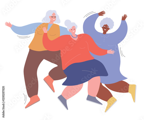 A group of cheerful dancing old ladies. Energetically moving positive grandmothers. Older women are full of energy. Vector flat graphics.