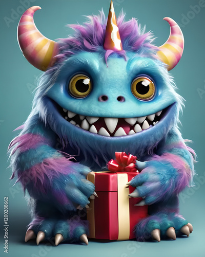 Illustration of a little blue and purple monster with a gold birthday hat and a little red and gold birthday gift and a red bow, design, festivity, color, marketing.