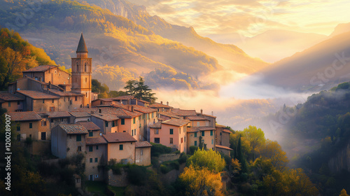 A mountain village waking up to the first light of day, with golden rays illuminating rooftops and misty valleys photo