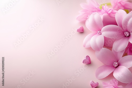 A delicate arrangement of pink flowers rests against a pristine white backdrop, accentuated by a charming pink heart, evoking love and tenderness.