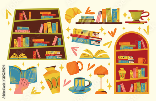 Bookshelves, books, stack of books set and reading illustration. Flat cartoon vector style. Book exchange crossing Bookstore, bookshop, library, book lover, bibliophile, education. Literature and read