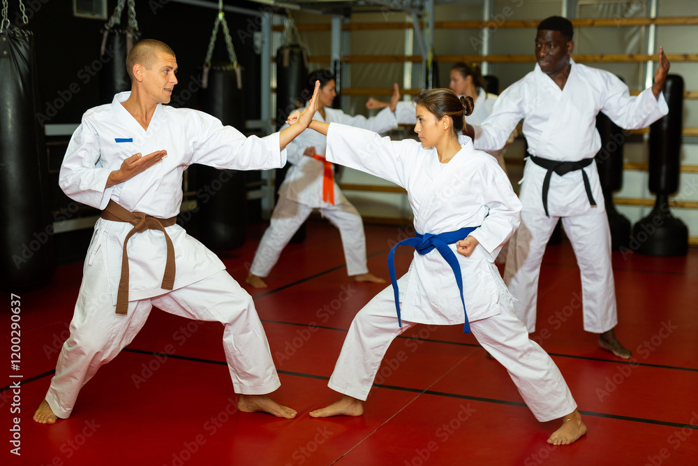 Man and woman in pairs exercising karate movements during group training Man and woman in pairs exercising karate movements during group training