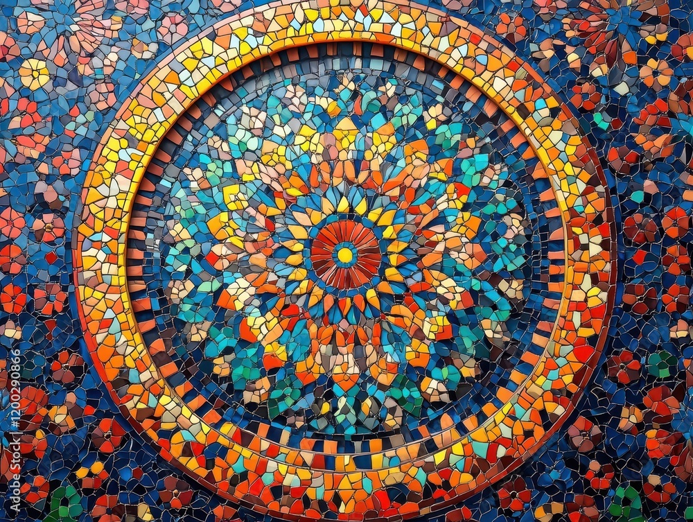 A vibrant mosaic design featuring intricate patterns and colors. A vibrant mosaic design featuring intricate patterns and colors.