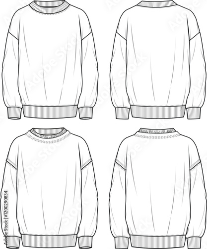 Oversized Unisex Raw Edge and Basic Sweatshirt Set. Technical fashion sweatshirt illustration. Front and back, white color. Unisex CAD mock-up.