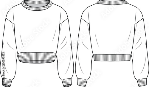 Women's Basic Crop Sweatshirt. Technical fashion Sweatshirt illustration. Flat apparel sweat template front and back, white color. Unisex CAD mock-up.