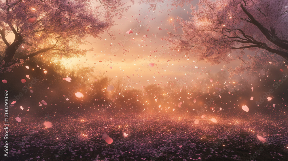 Naklejka premium 紙吹雪が桜の花びらとなり木に戻る循環の幻想写真