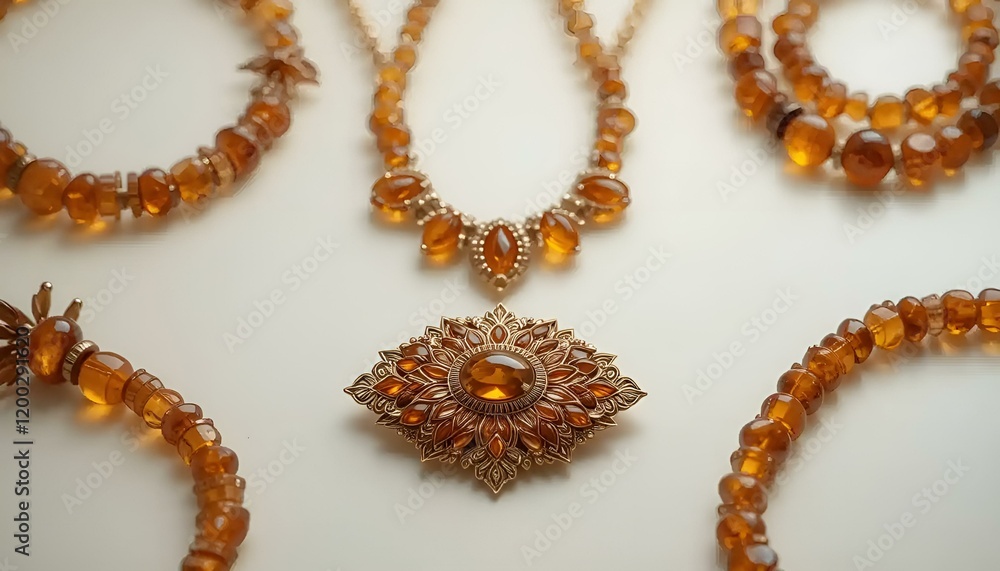 Elegant amber jewelry collection including a centerpiece pendant and multiple strands
