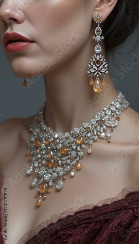 Close-up of a woman wearing exquisite silver and amber jewelry with elegant styling