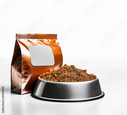 The photo shows a dog bowl filled with dog food, set against a white background. A bag of dog food stands next to it, highlighting the pet product. The photo has a minimalist style and looks clean tha photo