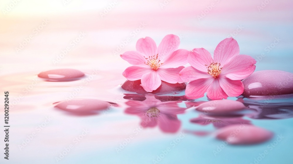 Serene Pink Blossoms Floating on Tranquil Water with Smooth Stones Serene Pink Blossoms Floating on Tranquil Water with Smooth Stones