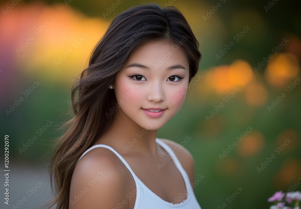 A pretty woman in a spring blooming garden, close-up A pretty woman in a spring blooming garden, close-up