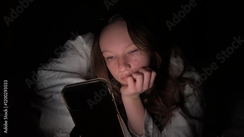 Teen girl lying in bed at night using smartphone, scrolling social media and texting. Not healthy sleep. Insomnia and the harm of the smartphone before going to bed. Dependence on social networks