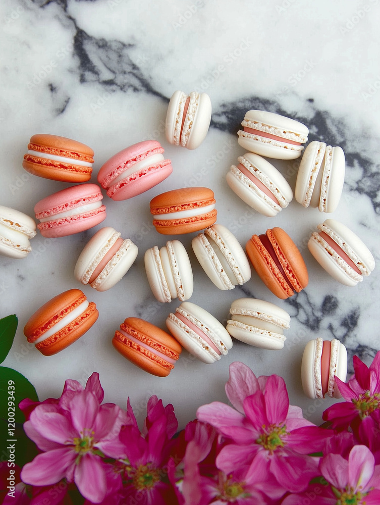 French sweet macaroons colorful variety on a concrete background with spring blossom