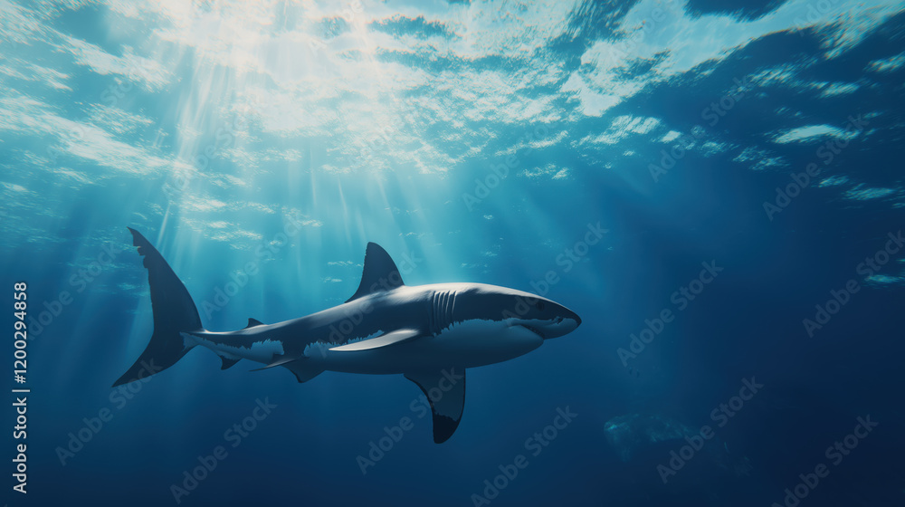 Fototapeta premium A great white shark glides through clear blue ocean water, captured from a low angle. ideal for marine life blogs, educational materials, or underwater photos.