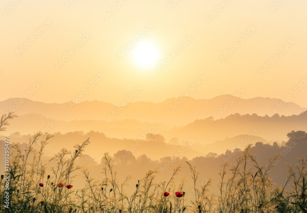 Poppy field bathed in the golden hues of sunset