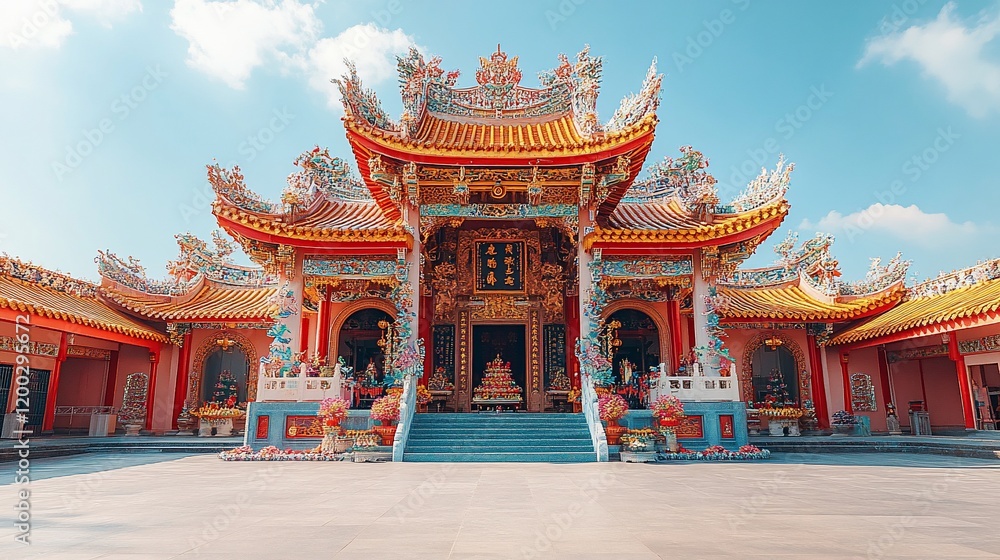 Fototapeta premium Vibrant Chinese temple with ornate details under a clear sky.