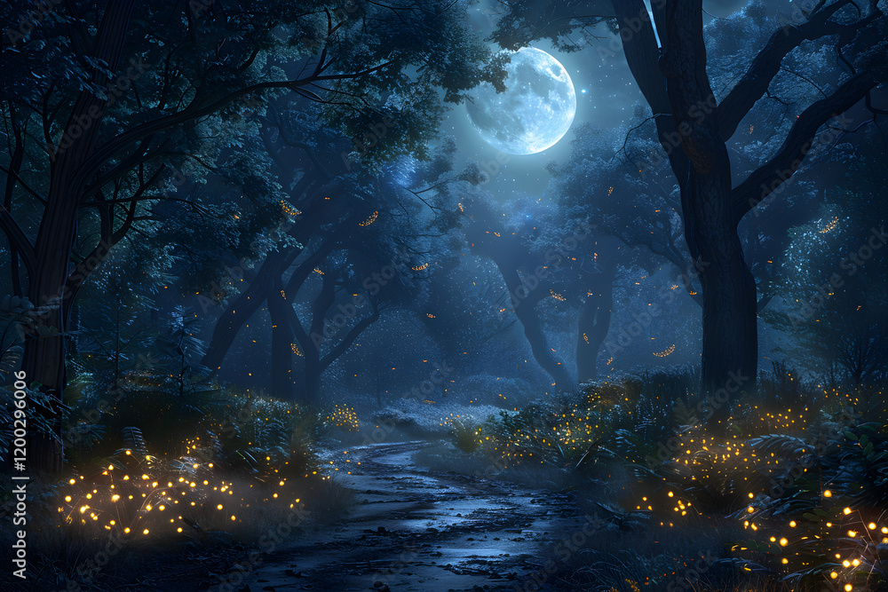 Enchanted Luminescent Path: A Moonlit Forest with Glowing Ethereal Light and Dancing Fireflies Enchanted Luminescent Path: A Moonlit Forest with Glowing Ethereal Light and Dancing Fireflies