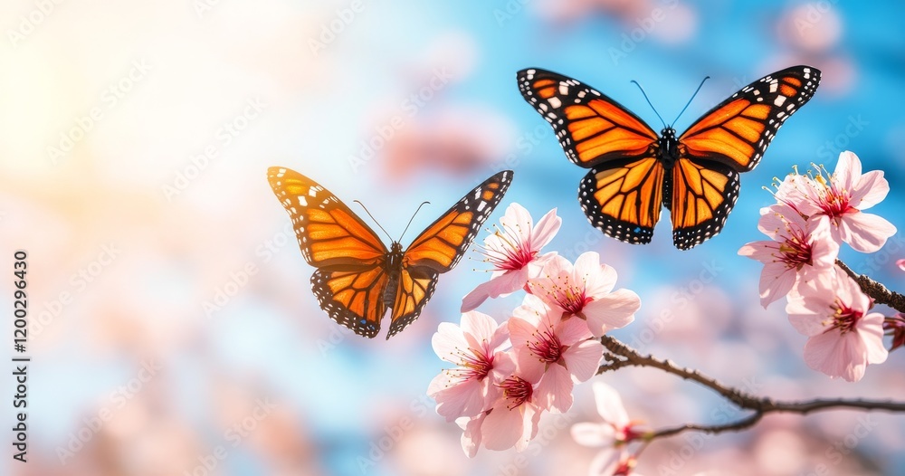 Beautiful pink butterfly and cherry blossom branch in spring against a blue sky, with soft focus. An amazing elegant artistic depiction of spring nature, framed by pink cherry blossoms and a Beautiful pink butterfly and cherry blossom branch in spring against a blue sky, with soft focus. An amazing elegant artistic depiction of spring nature, framed by pink cherry blossoms and a