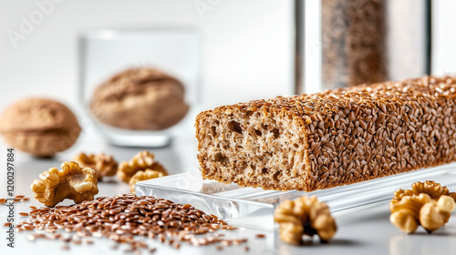 Close Up of Bread Slice with Flax Seeds and Walnuts on Minimalist Background photo