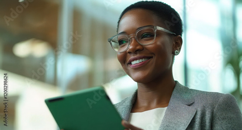 Office, black woman and smile with tablet for connection, software update and confidence for career. Happy, female person and web designer with digital for app notification, design tools and review