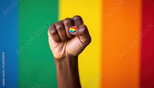 Wallpaper Mural A raised fist with rainbow nail art against a vibrant rainbow backdrop. A powerful symbol of pride and unity. Torontodigital.ca