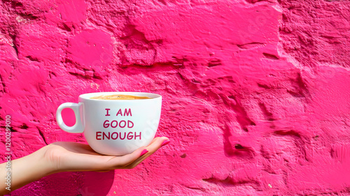 Person holding white coffee cup with lettering I am good enough against vibrant pink textured background, motivation and success concept