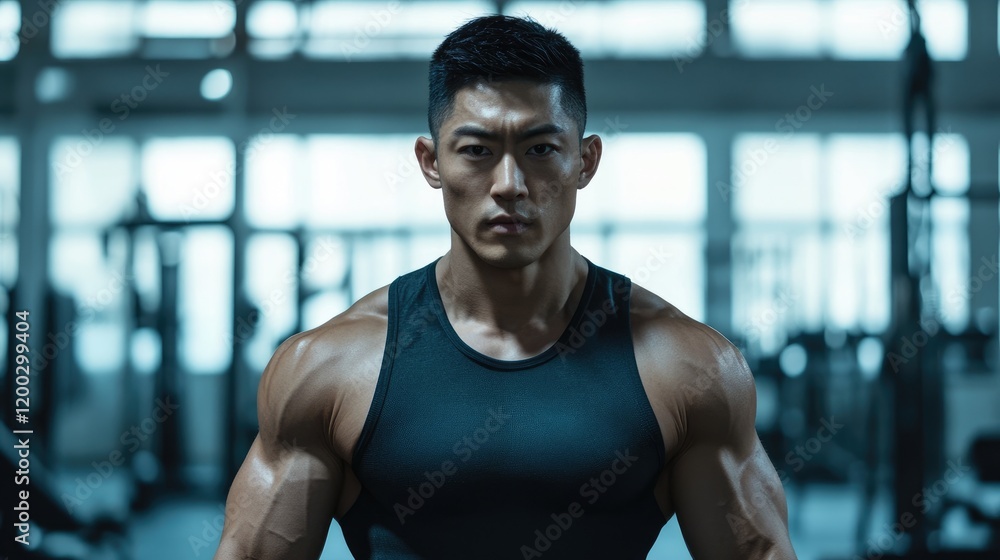 Athletic Asian man with lean build stands confidently in bright gym setting surrounded by blurred fitness equipment Athletic Asian man with lean build stands confidently in bright gym setting surrounded by blurred fitness equipment