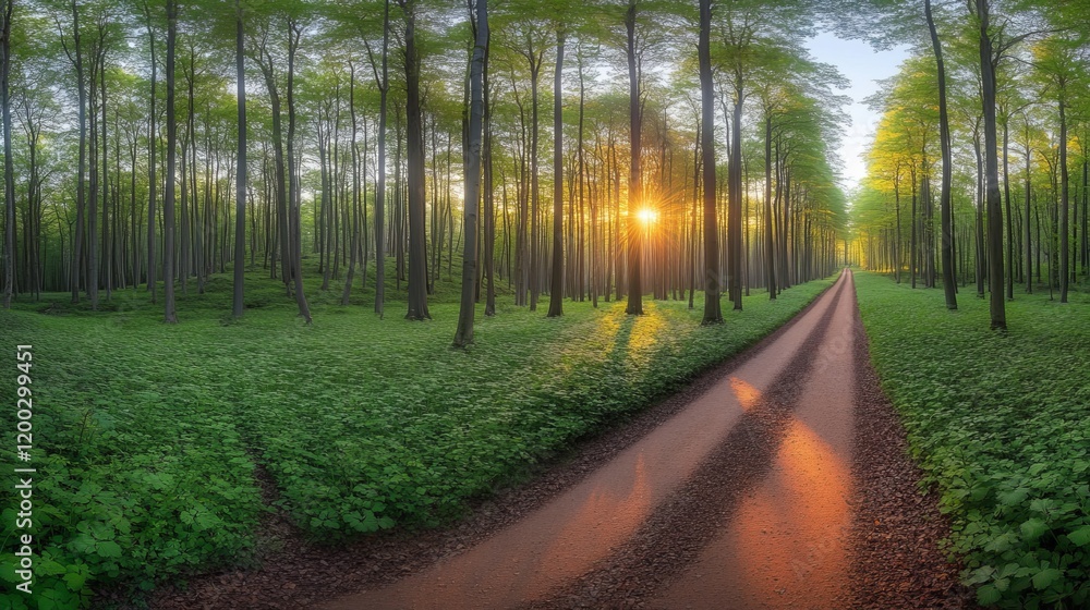 Fototapeta premium Walkway in agreen spring beech forest in Leuven, Belgium. Beautiful natural tunnel. Atmospheric landscape. Eco tourism, travel destinations, environmental conservation, pure nature
