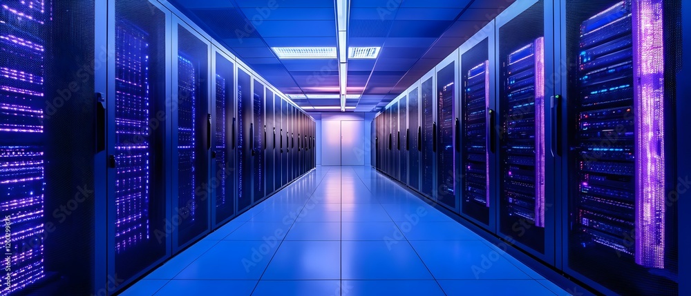 Fototapeta premium A futuristic data center corridor lined with rows of glowing servers, showcasing advanced technology and innovation in a digital environment.